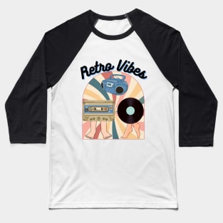 Retro Vibes Cassette and Record 80's and 70's theme Baseball T-Shirt